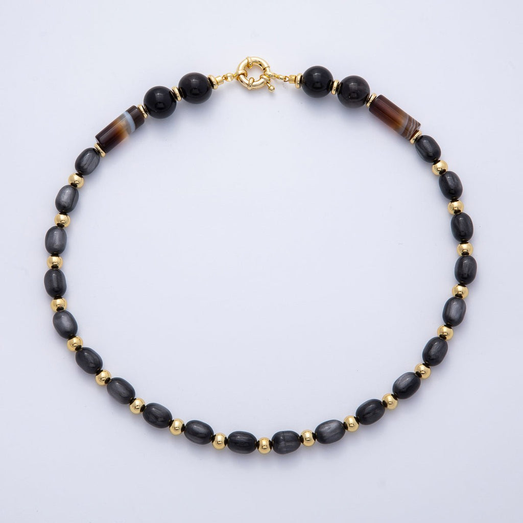 18K Gold Filled 12mm Black Onyx Nero Marquina Pebble Round Bead 18.5 Inch Necklace w. Sailor Clasps | WA-04135