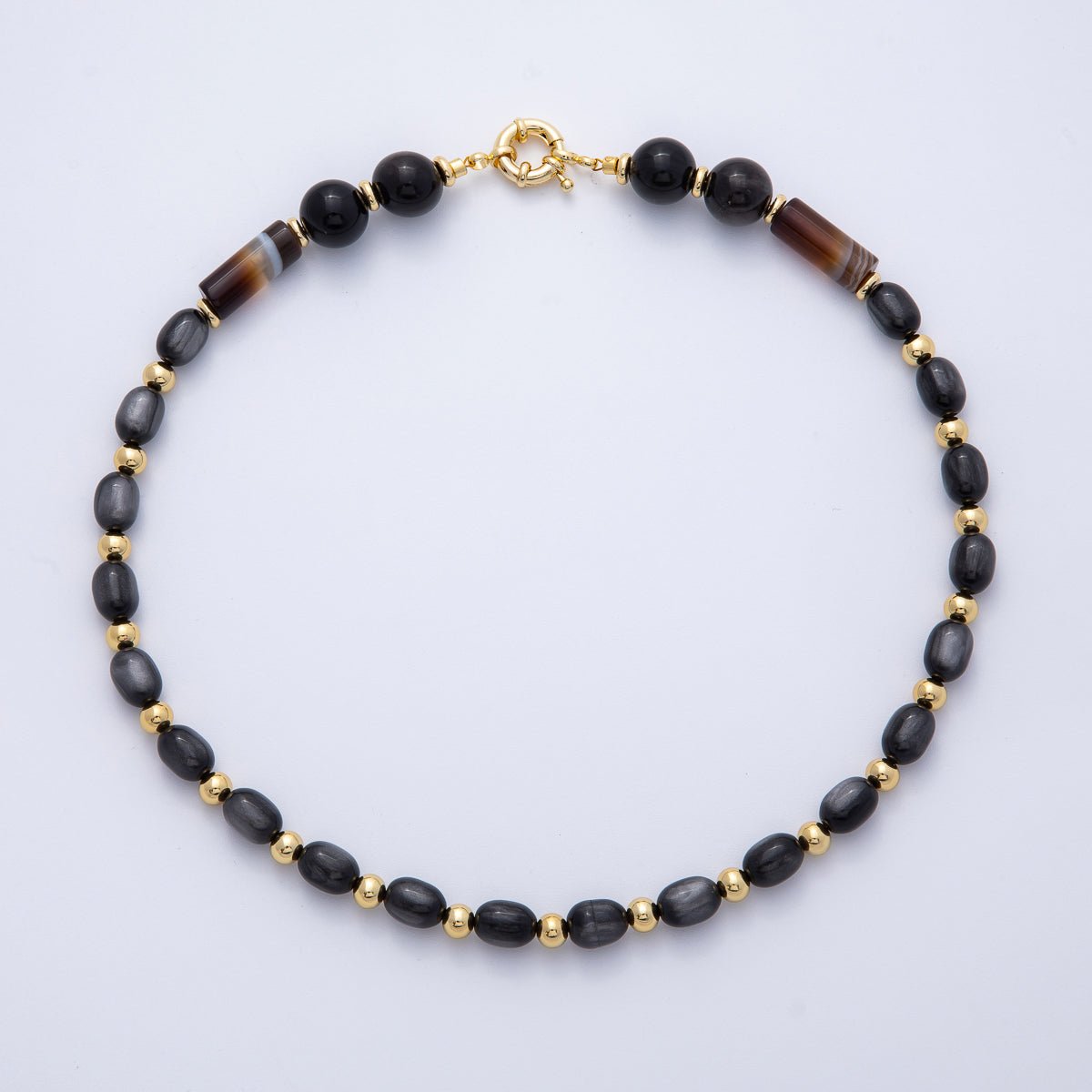 18K Gold Filled 12mm Black Onyx Nero Marquina Pebble Round Bead 18.5 Inch Necklace w. Sailor Clasps | WA-04135