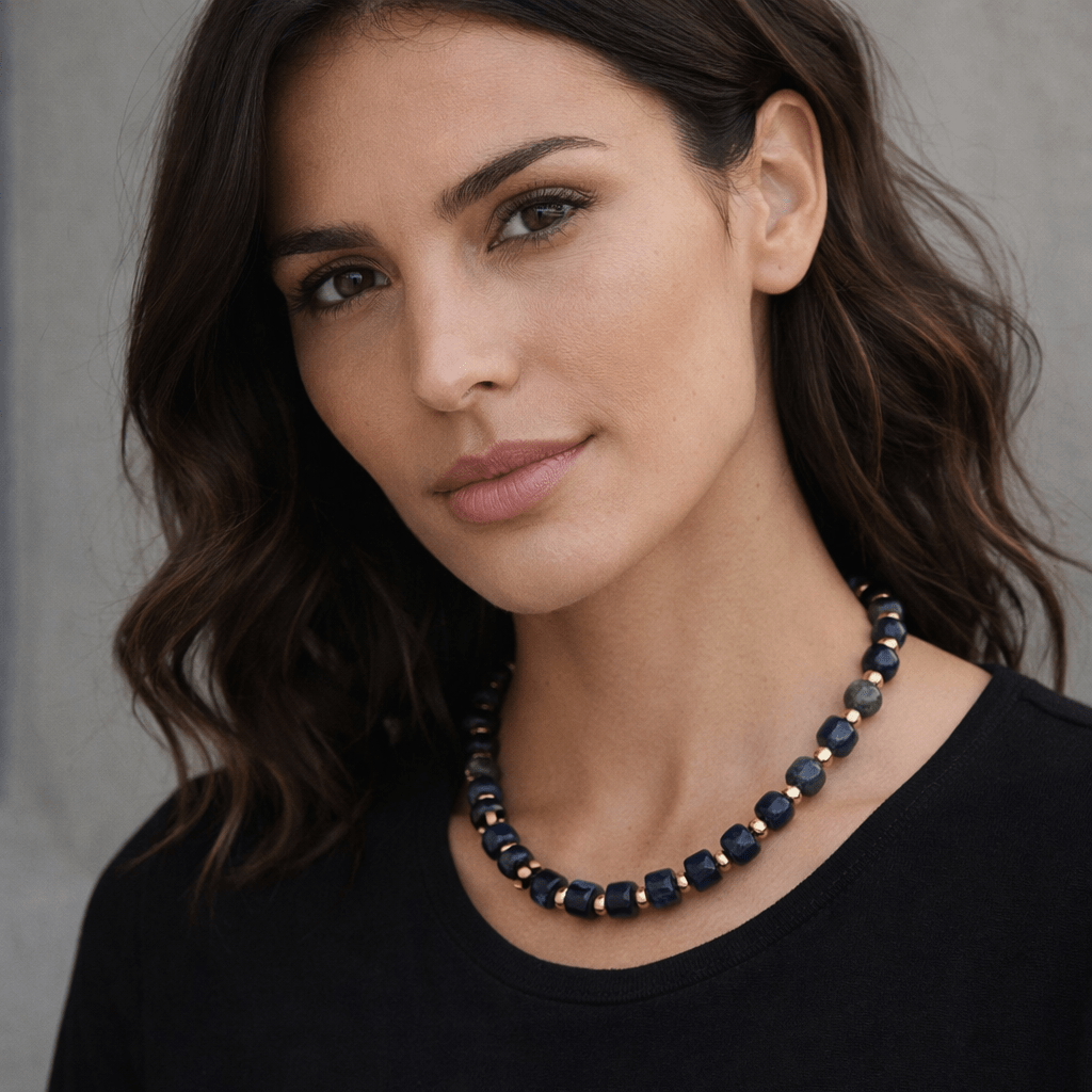 18K Gold Filled 12mm Blue Lapis Lazuli Tube Round Bead 18.7 Inch w. Sailor Clasps | WA-4129