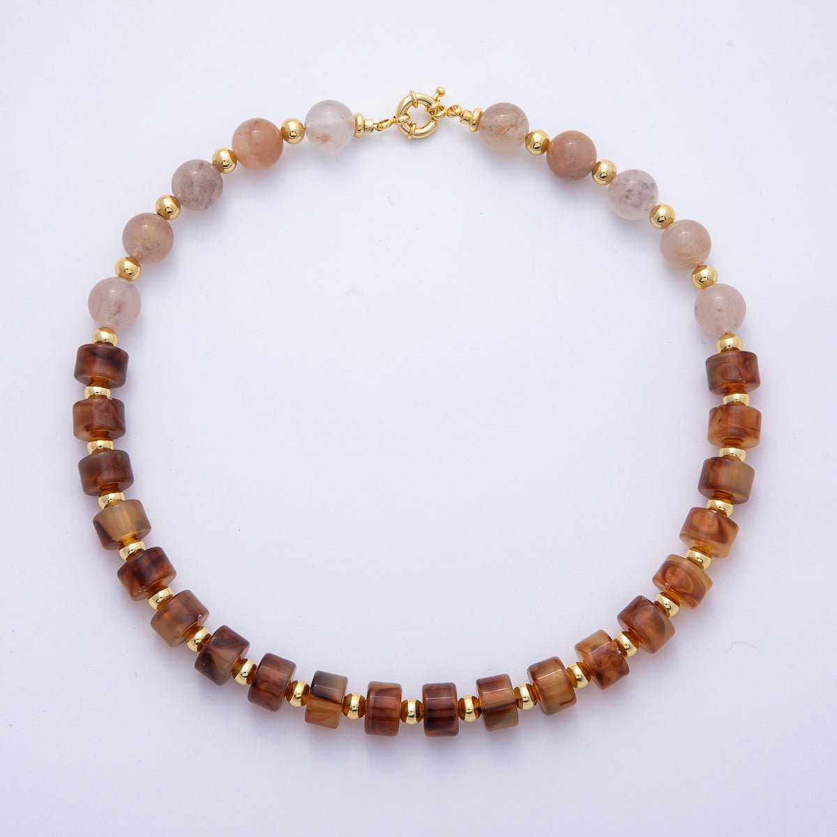 18K Gold Filled 12mm Orange Citrine Rose Quartz Tube Round Bead 18.3 Inch w. Sailor Clasps | WA-4132