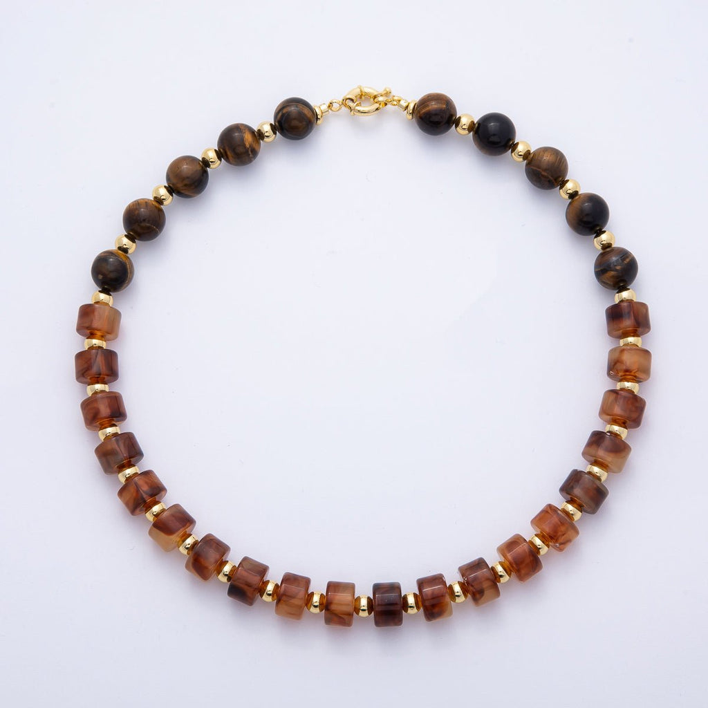 18K Gold Filled 12mm Orange Citrine Tiger Eye Tube Round Bead 18.5 Inch w. Sailor Clasps | WA-04131