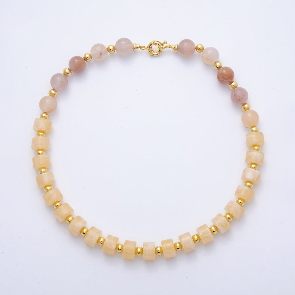 18K Gold Filled 12mm Yellow Citrine Rose Quartz Tube Round Bead 18.3 Inch w. Sailor Clasps | WA-4130