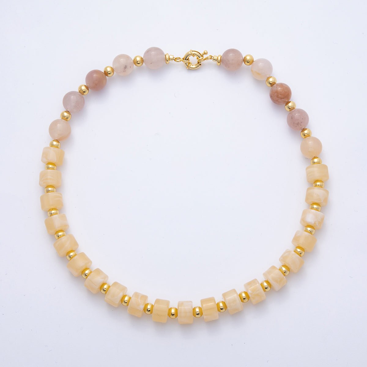 18K Gold Filled 12mm Yellow Citrine Rose Quartz Tube Round Bead 18.3 Inch w. Sailor Clasps | WA-4130