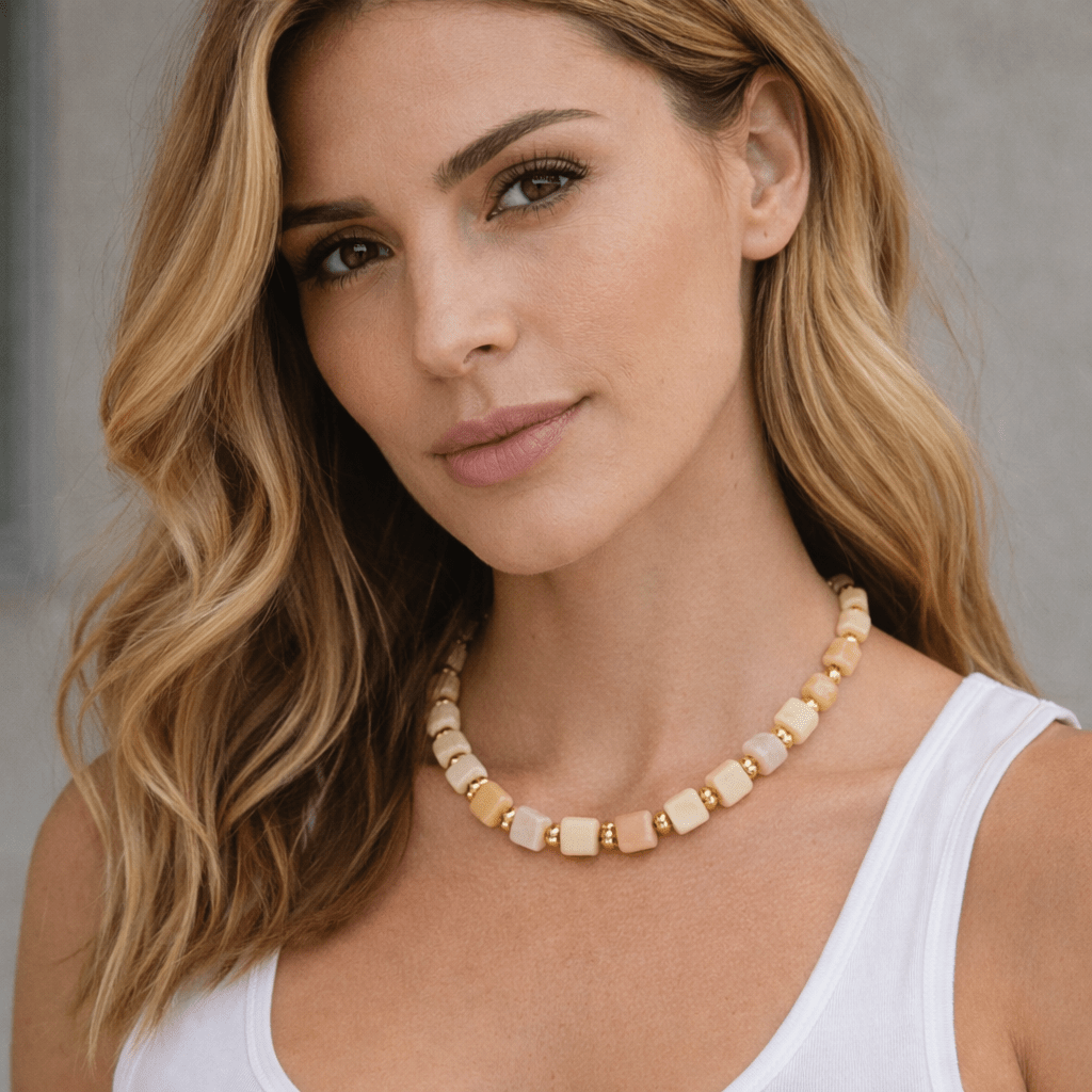 18K Gold Filled 12mm Yellow Citrine Rose Quartz Tube Round Bead 18.3 Inch w. Sailor Clasps | WA-4130