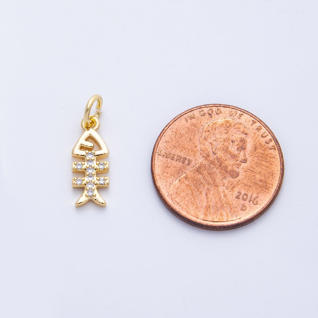 18K Gold Filled 13.5mm Micro Paved CZ Fish Bone Skeleton Charm | Charms-00411