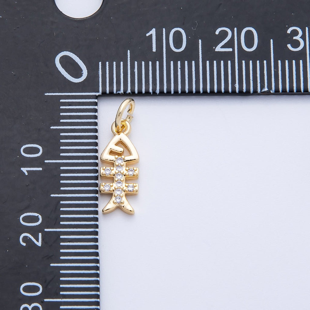 18K Gold Filled 13.5mm Micro Paved CZ Fish Bone Skeleton Charm | Charms-00411
