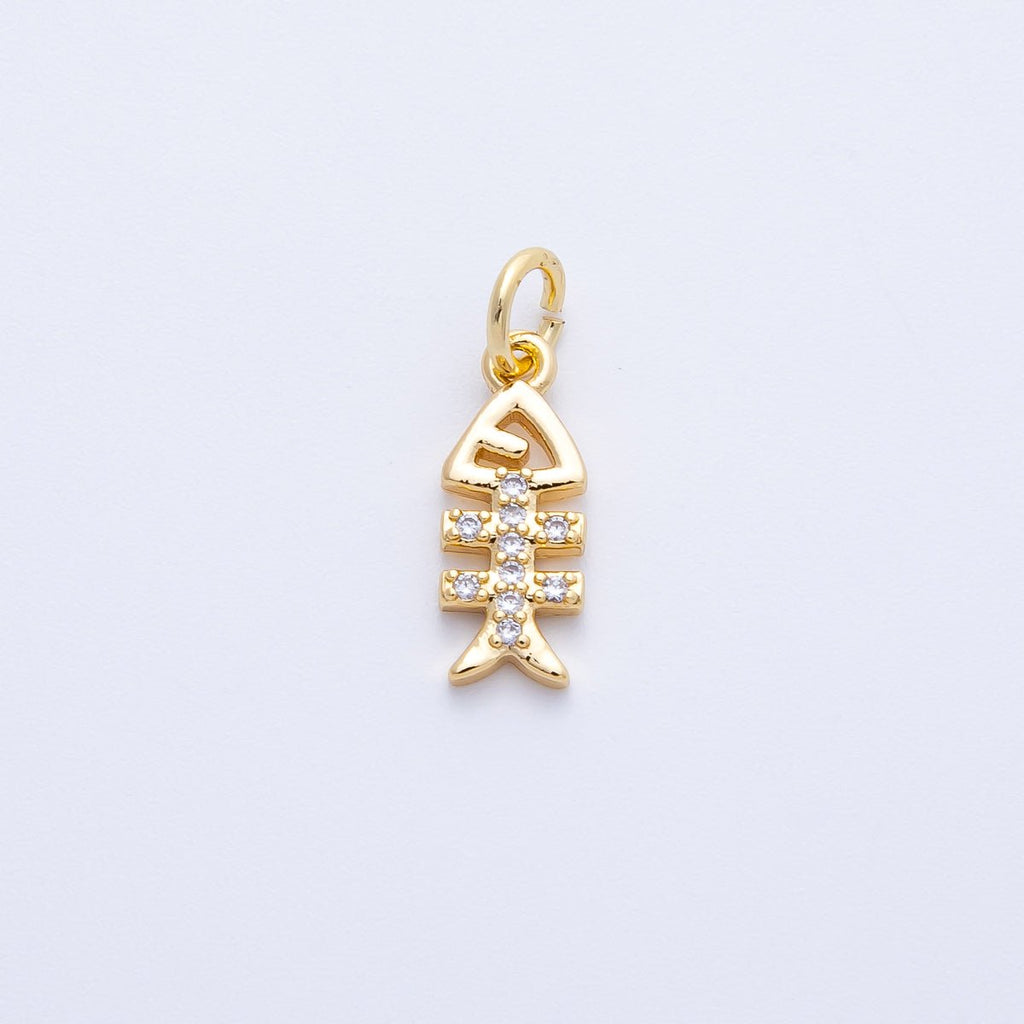 18K Gold Filled 13.5mm Micro Paved CZ Fish Bone Skeleton Charm | Charms-00411
