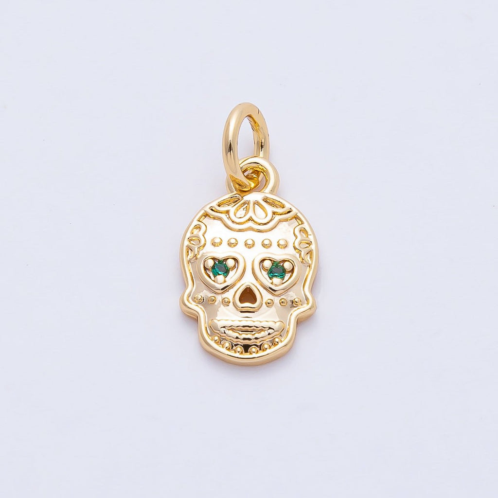 18K Gold Filled 13mm Green CZ Dios Muertos Human Skull Skeleton Head Charm | AF1463