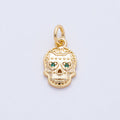 18K Gold Filled 13mm Green CZ Dios Muertos Human Skull Skeleton Head Charm | AF1463