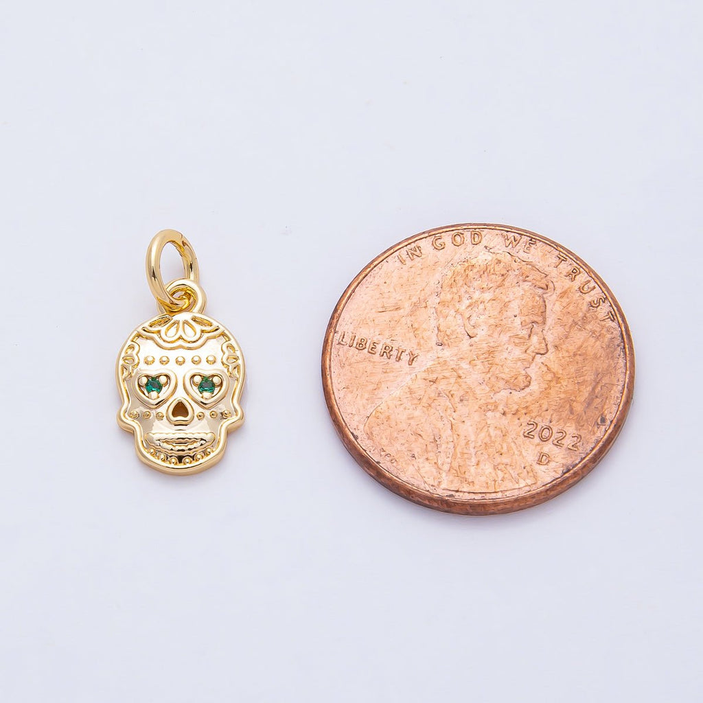 18K Gold Filled 13mm Green CZ Dios Muertos Human Skull Skeleton Head Charm | AF1463