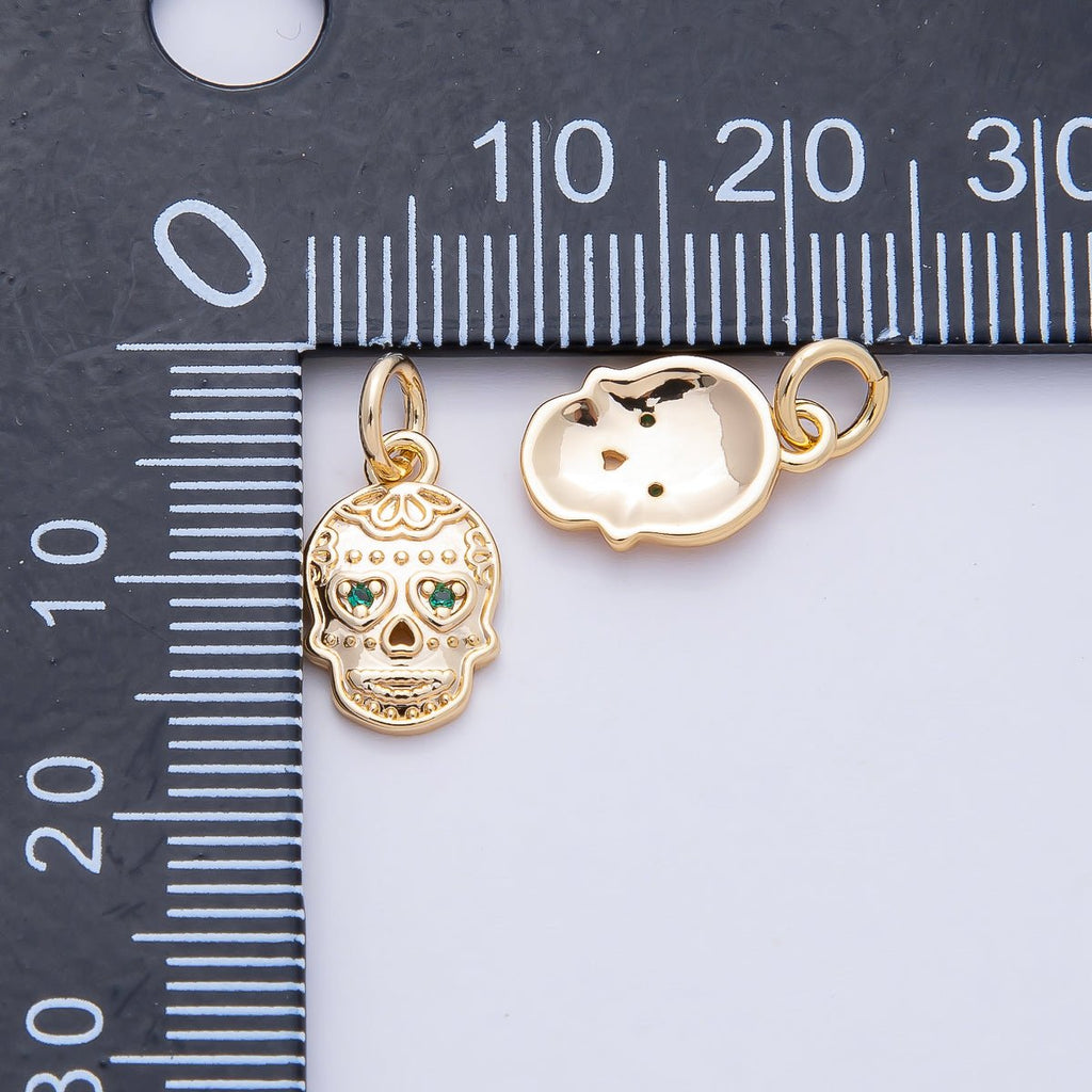 18K Gold Filled 13mm Green CZ Dios Muertos Human Skull Skeleton Head Charm | AF1463