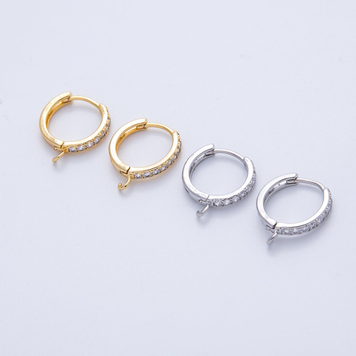 18K Gold Filled 13mm Micro Paved CZ Open Loop Drop Huggie Earrings in Gold & Silver | Findings-00109 Findings-00110