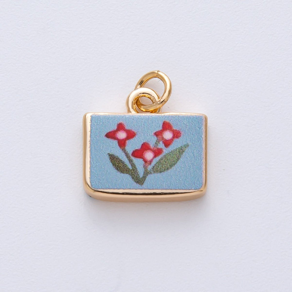 18K Gold Filled 13mm Red Flower Blue Rectangular Charm | AF1609