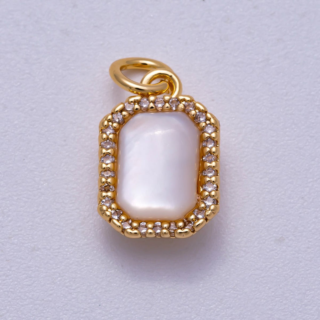 18K Gold Filled 13mm White Shell Pearl Micro Paved CZ Rectangle Bezel Mini Charm | Charms-00552