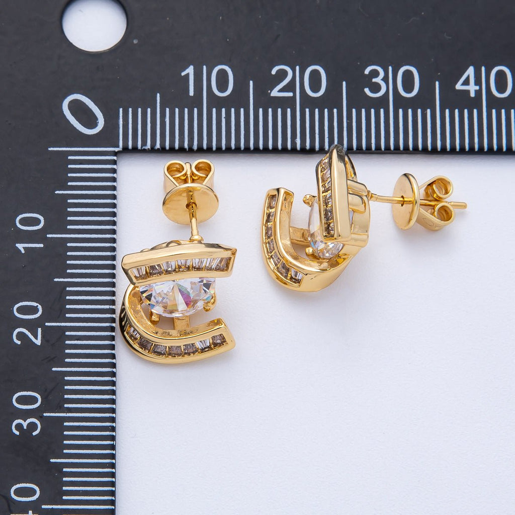 18K Gold Filled 14.5mm Clear CZ Round Baguette Stud Earrings | Earrings-00124