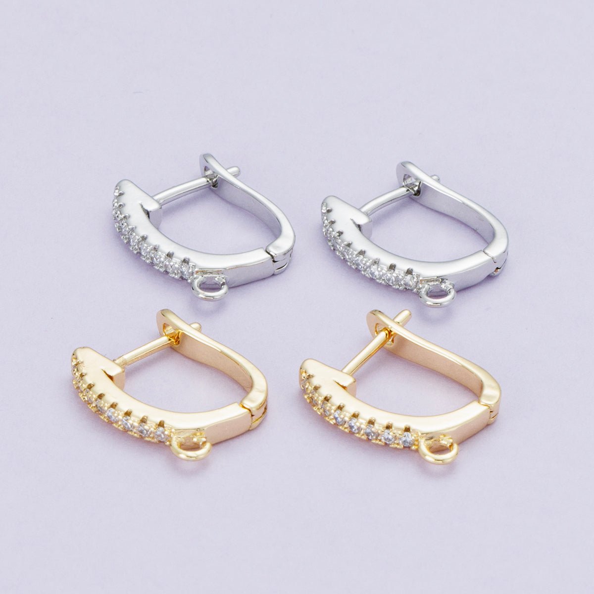 18K Gold Filled 14.5mm Micro Paved CZ U-Shaped Hoop Earrings in Gold & Silver | Findings-00099 Findings-00100