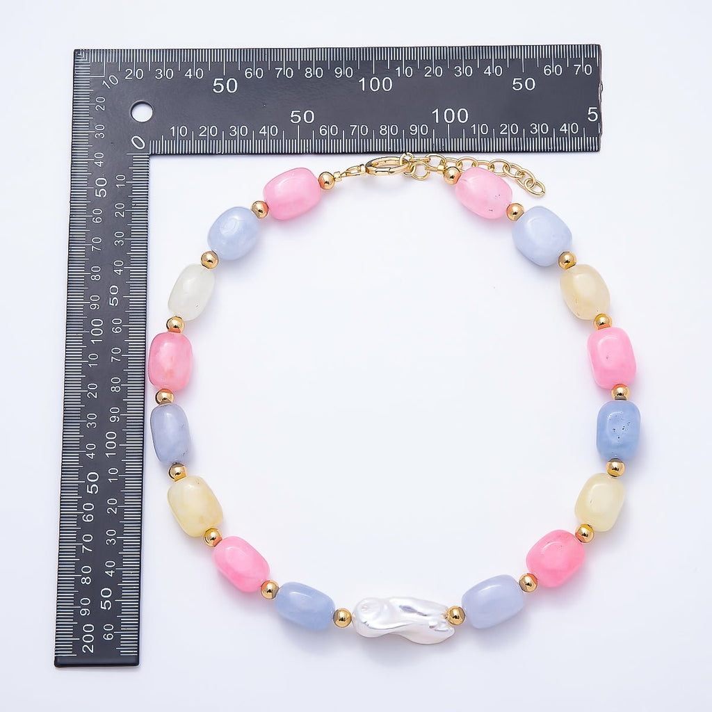 18K Gold Filled 14mm Baroque Freshwater Pearl Pastel Multicolor Agate Bead Rectangle Gemstone Chain 18 Inch Necklace | WA-00545