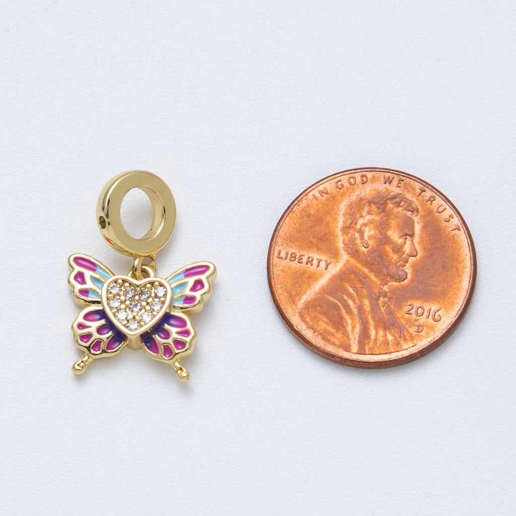 18K Gold Filled 14mm Micro Paved CZ Enamel Heart Butterfly Rondelle Drop Pendant | Charms-00147