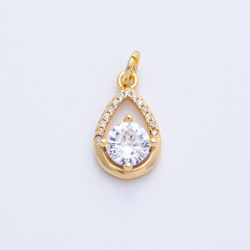 18K Gold Filled 15.5mm Clear Round CZ Micro Paved Open Teardrop Charm | Charms-00412
