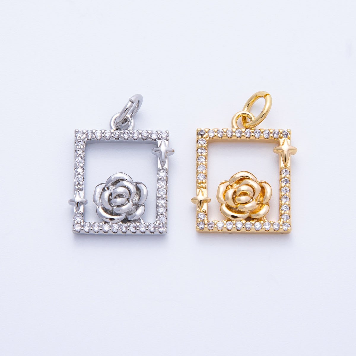 18K Gold Filled 15.5mm Rose Flower Open Micro Paved CZ Rectangle Charm in Gold & Silver | Charms-00375 Charms-00376