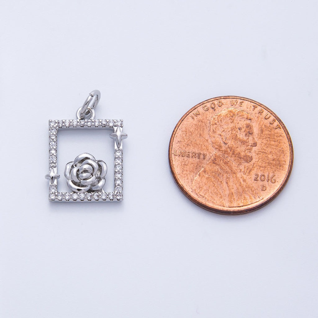 18K Gold Filled 15.5mm Rose Flower Open Micro Paved CZ Rectangle Charm in Gold & Silver | Charms-00375 Charms-00376