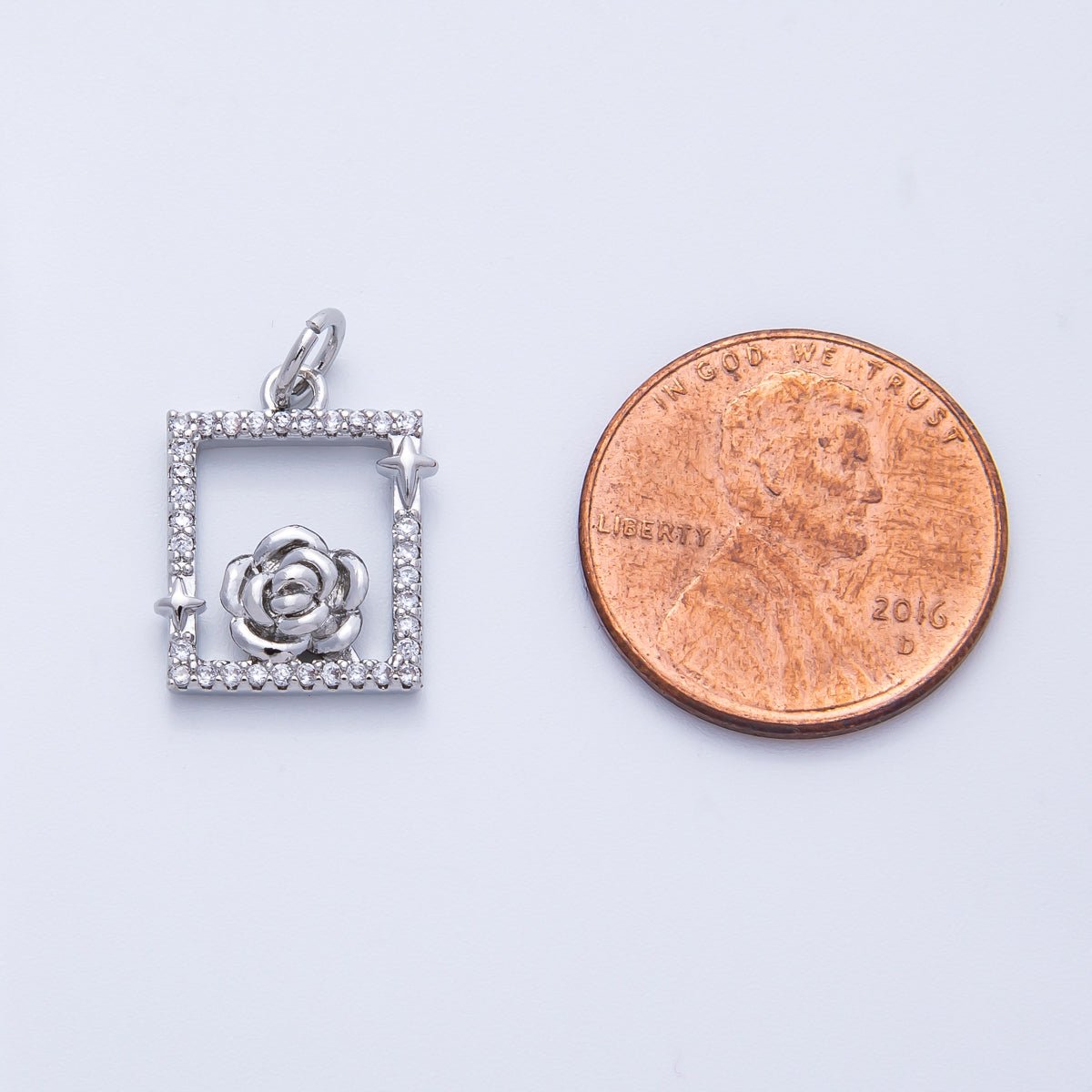 18K Gold Filled 15.5mm Rose Flower Open Micro Paved CZ Rectangle Charm in Gold & Silver | Charms-00375 Charms-00376