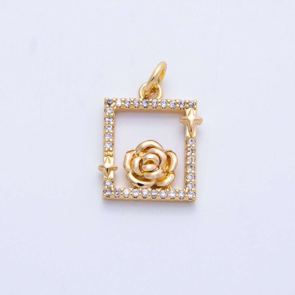 18K Gold Filled 15.5mm Rose Flower Open Micro Paved CZ Rectangle Charm in Gold & Silver | Charms-00375 Charms-00376