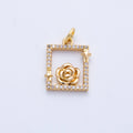 18K Gold Filled 15.5mm Rose Flower Open Micro Paved CZ Rectangle Charm in Gold & Silver | Charms-00375 Charms-00376