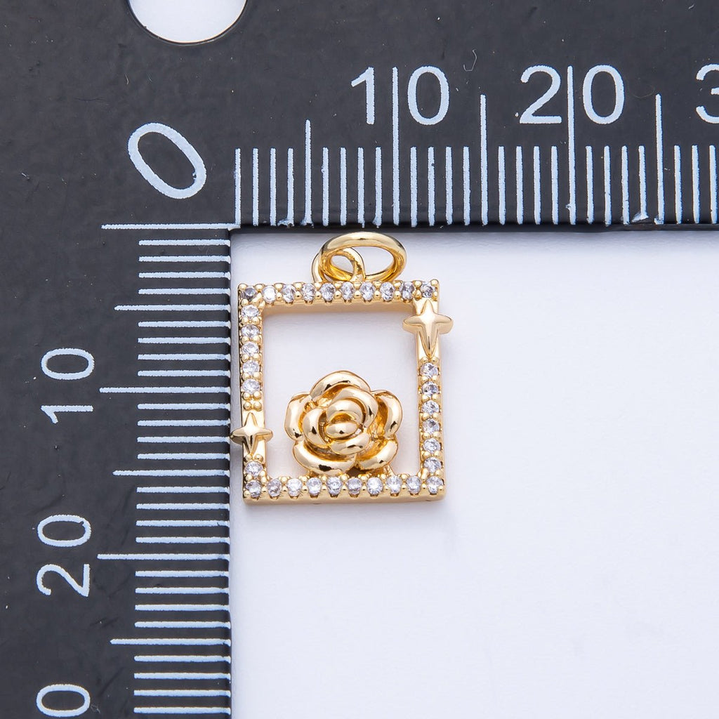 18K Gold Filled 15.5mm Rose Flower Open Micro Paved CZ Rectangle Charm in Gold & Silver | Charms-00375 Charms-00376
