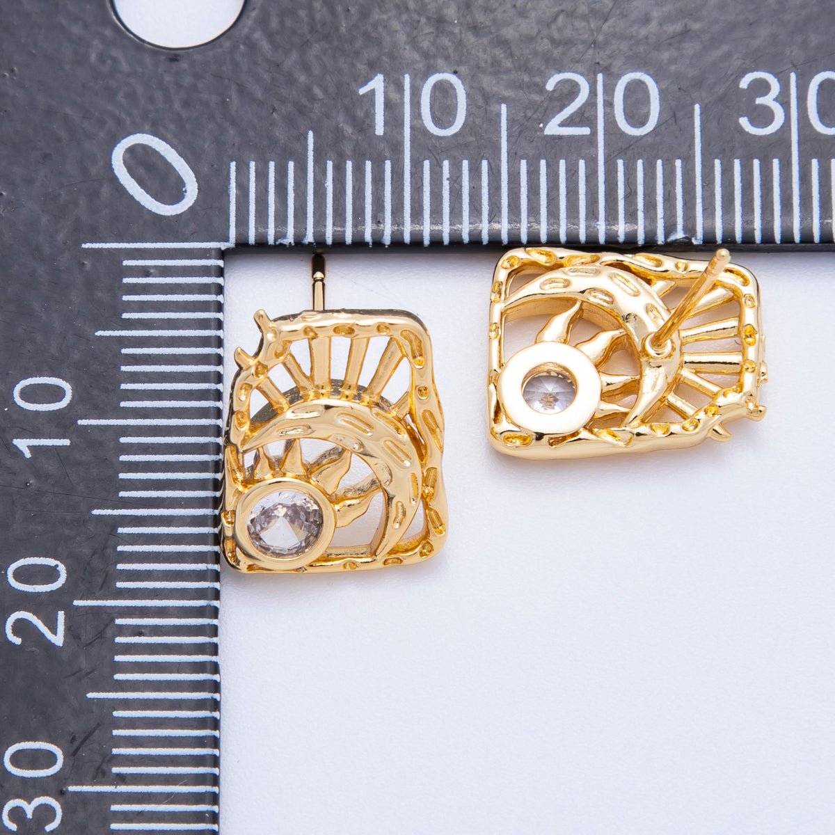 18K Gold Filled 15mm Clear CZ Celestial Sun Moon Molten Rectangle Stud Earrings | Earrings-00238