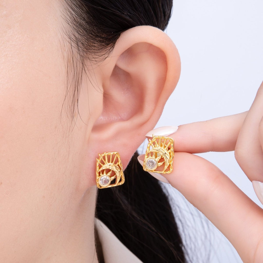 18K Gold Filled 15mm Clear CZ Celestial Sun Moon Molten Rectangle Stud Earrings | Earrings-00238