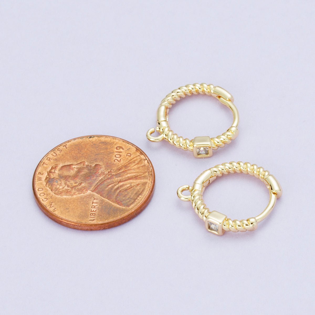 18K Gold Filled 15mm Clear Square CZ Ribbed Croissant Open Loop Drop Huggie Earrings in Gold & Silver | Findings-00113 Findings-00114