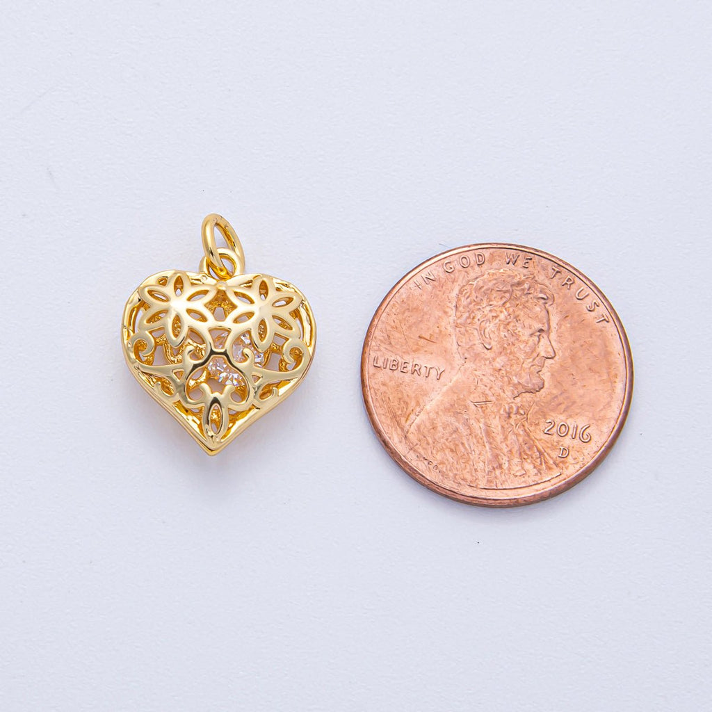 18K Gold Filled 15mm Filigree Open Chubby Heart Charm | AK037