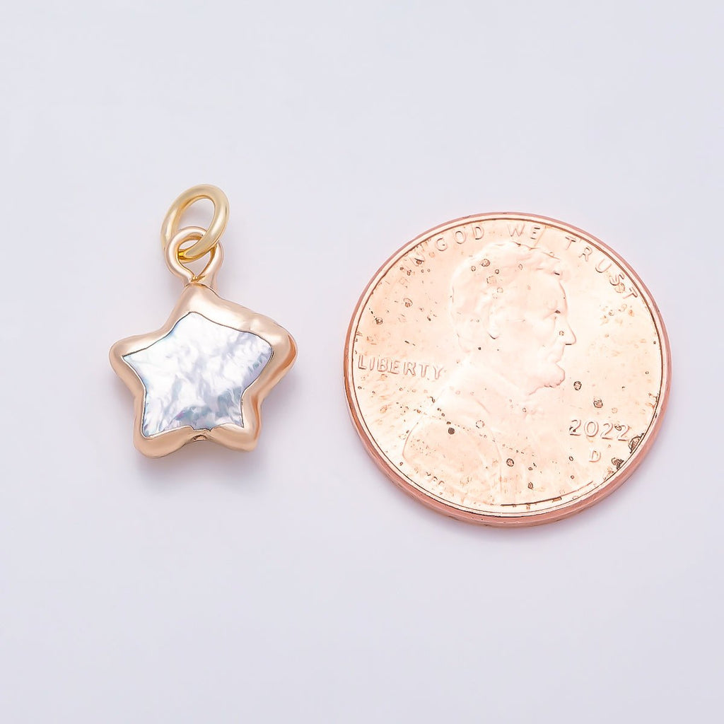 18K Gold Filled 15mm White Freshwater Pearl Foil Celestial Star Charm | Charms-01371