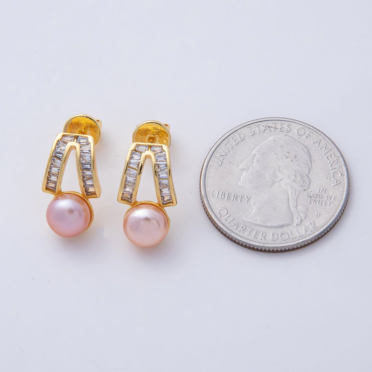 18K Gold Filled 16.5mm White, Pink Shell Pearl Geometric Baguette Drop Stud Earrings | AD1640 AD1641