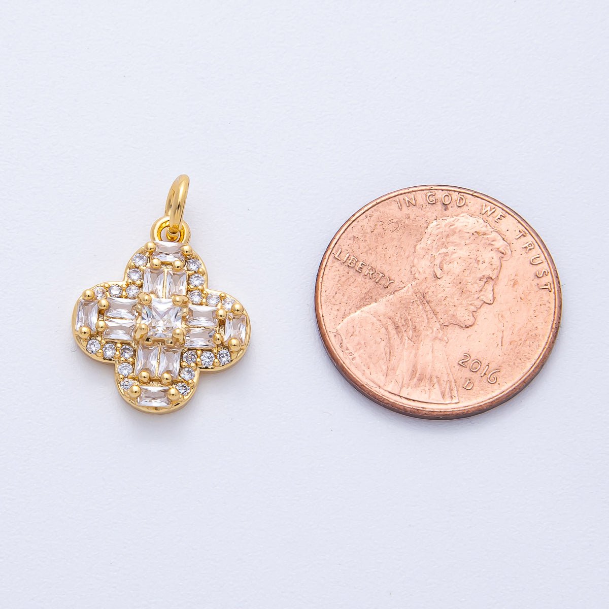 18K Gold Filled 16mm Clear Baguette Micro Paved CZ Clover Flower Charm | AK171