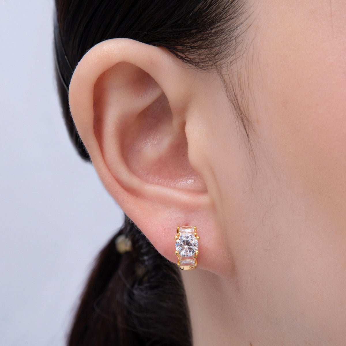 18K Gold Filled 16mm Clear Micro Paved CZ U-Shaped Latch Huggie Earrings | Earrings-00054