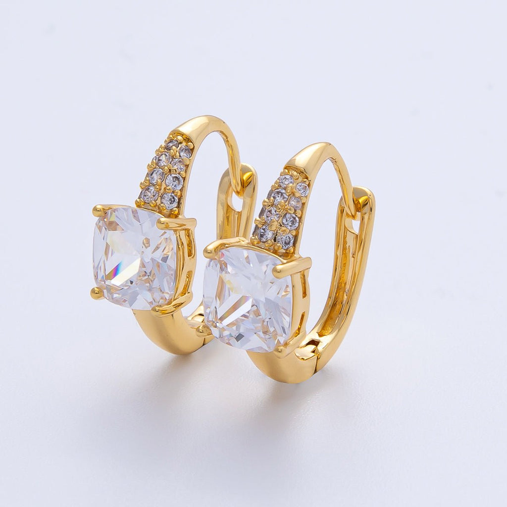 18K Gold Filled 16mm Clear Micro Paved CZ U-Shaped Latch Huggie Earrings | Earrings-00054