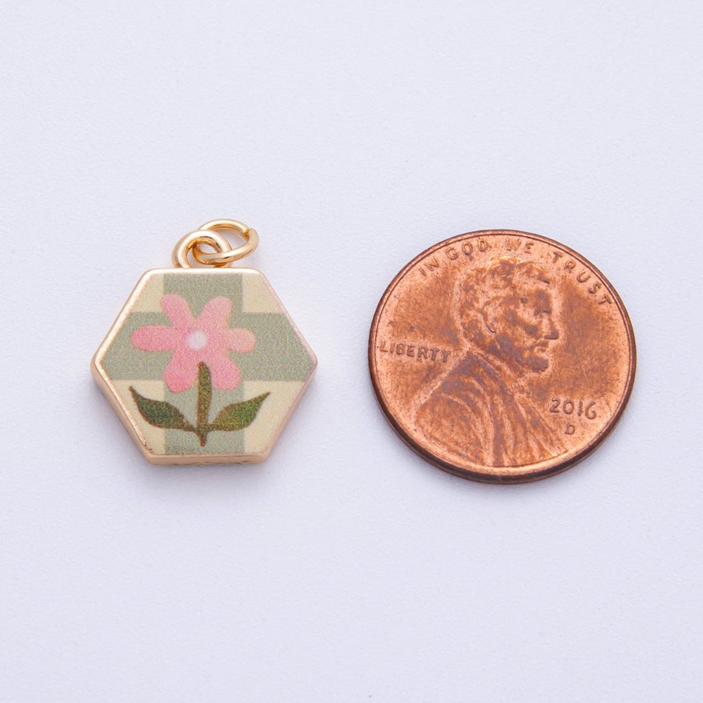 18K Gold Filled 17.5mm Flower Plant Hexagon Charm | AF1602