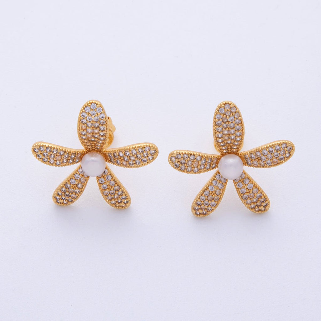 18K Gold Filled 17.5mm Shell Pearl Micro Paved CZ Flower Stud Earrings | Q416