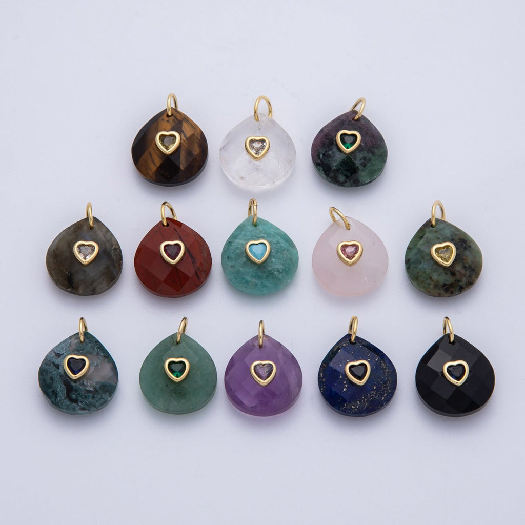 18K Gold Filled 17.8mm Heart Embedded Natural Gemstone Teardrop Charm | CHARMS-00002-CHARMS-00014