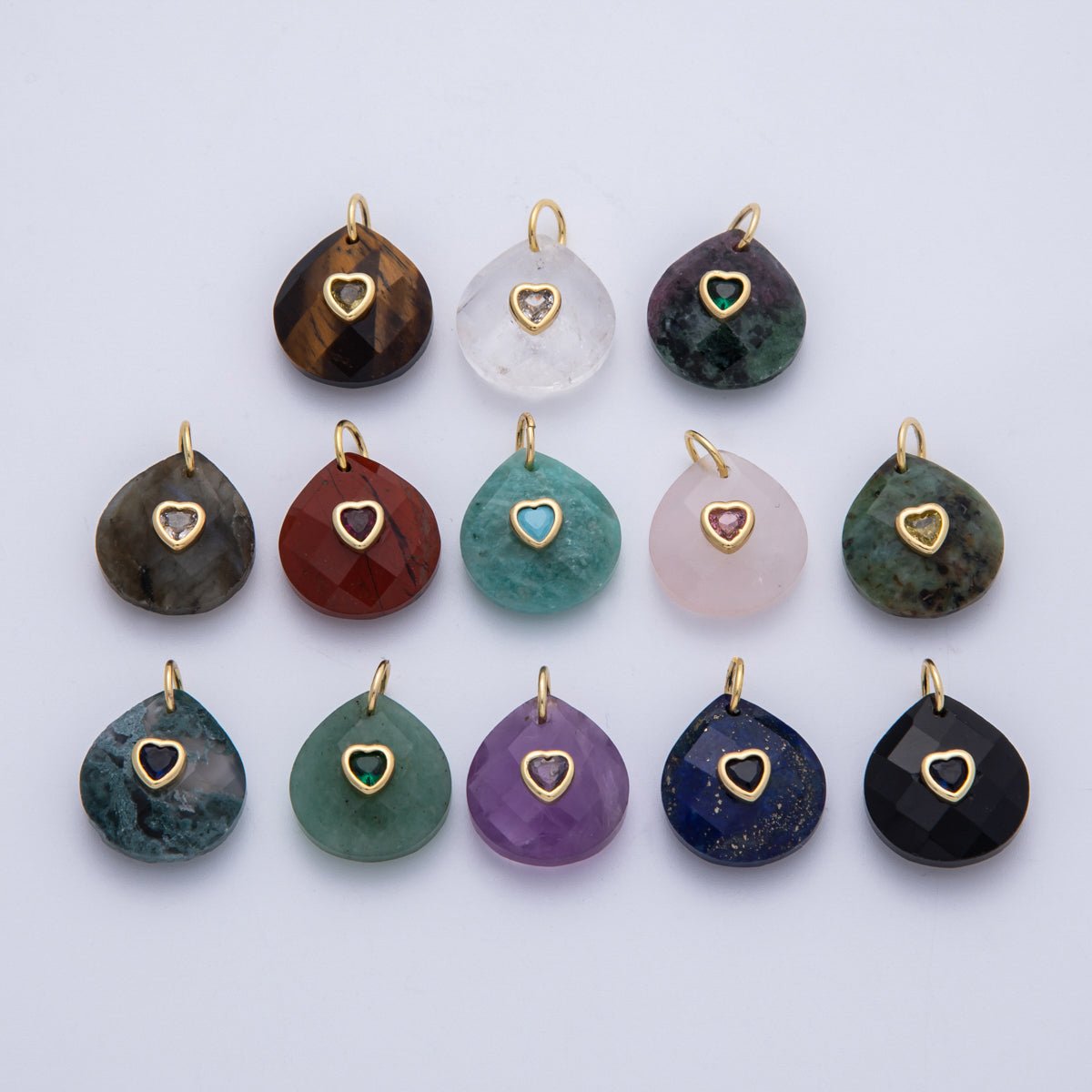 18K Gold Filled 17.8mm Heart Embedded Natural Gemstone Teardrop Charm | CHARMS-00002-CHARMS-00014