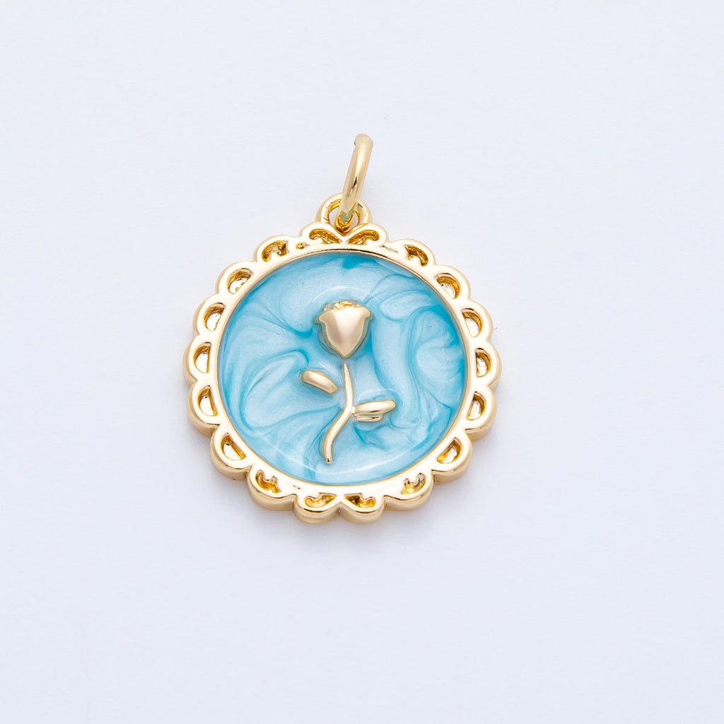 18K Gold Filled 17mm Blue, Pink, White Glitter Enamel Rose Flower Enamel Stamped Round Charm | CHARMS-00314 ~ CHARMS-00316