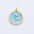 18K Gold Filled 17mm Blue, Pink, White Glitter Enamel Rose Flower Enamel Stamped Round Charm | CHARMS-00314 ~ CHARMS-00316
