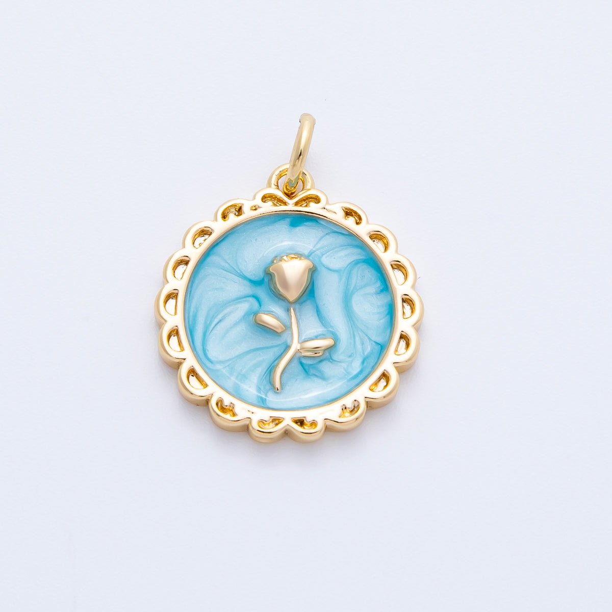 18K Gold Filled 17mm Blue, Pink, White Glitter Enamel Rose Flower Enamel Stamped Round Charm | CHARMS-00314 ~ CHARMS-00316