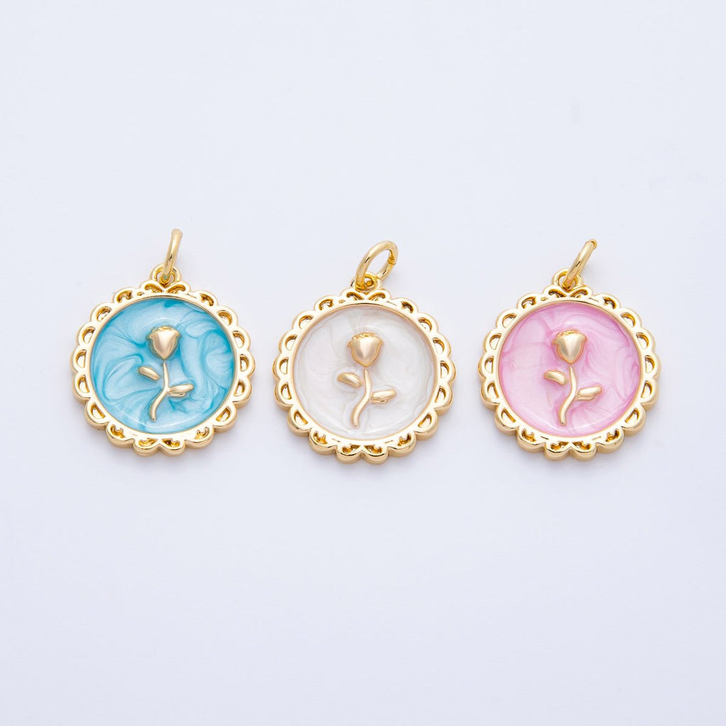 18K Gold Filled 17mm Blue, Pink, White Glitter Enamel Rose Flower Enamel Stamped Round Charm | CHARMS-00314 ~ CHARMS-00316