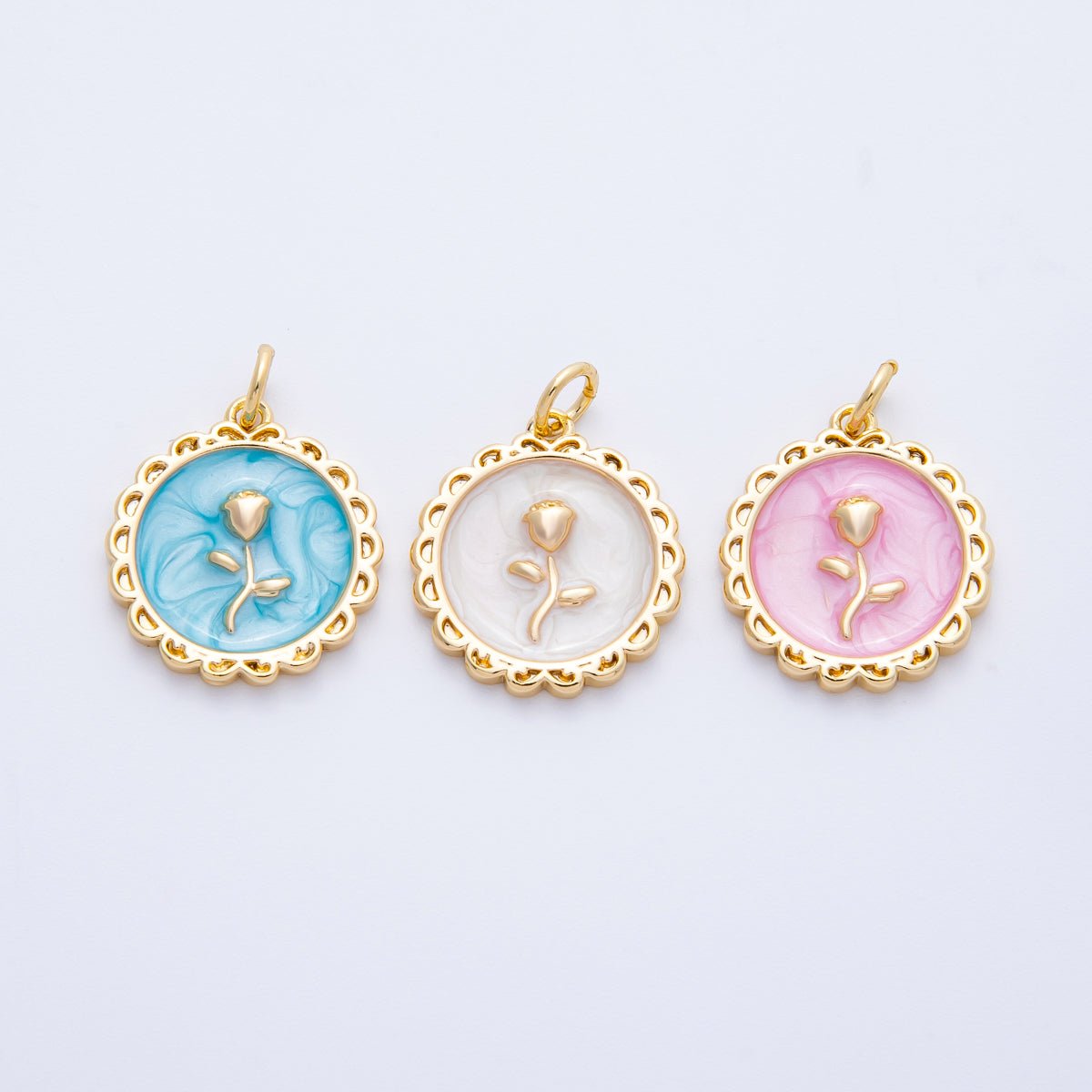 18K Gold Filled 17mm Blue, Pink, White Glitter Enamel Rose Flower Enamel Stamped Round Charm | CHARMS-00314 ~ CHARMS-00316