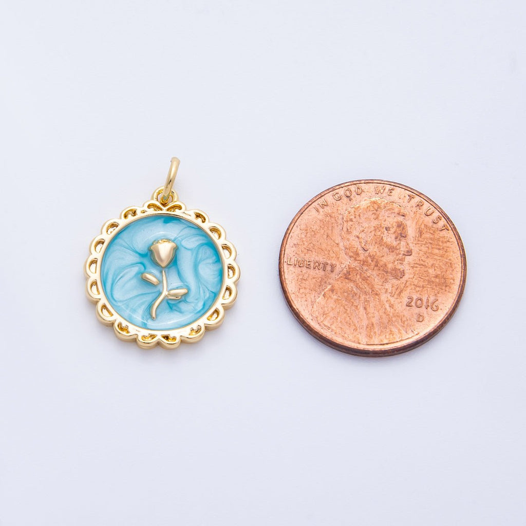 18K Gold Filled 17mm Blue, Pink, White Glitter Enamel Rose Flower Enamel Stamped Round Charm | CHARMS-00314 ~ CHARMS-00316