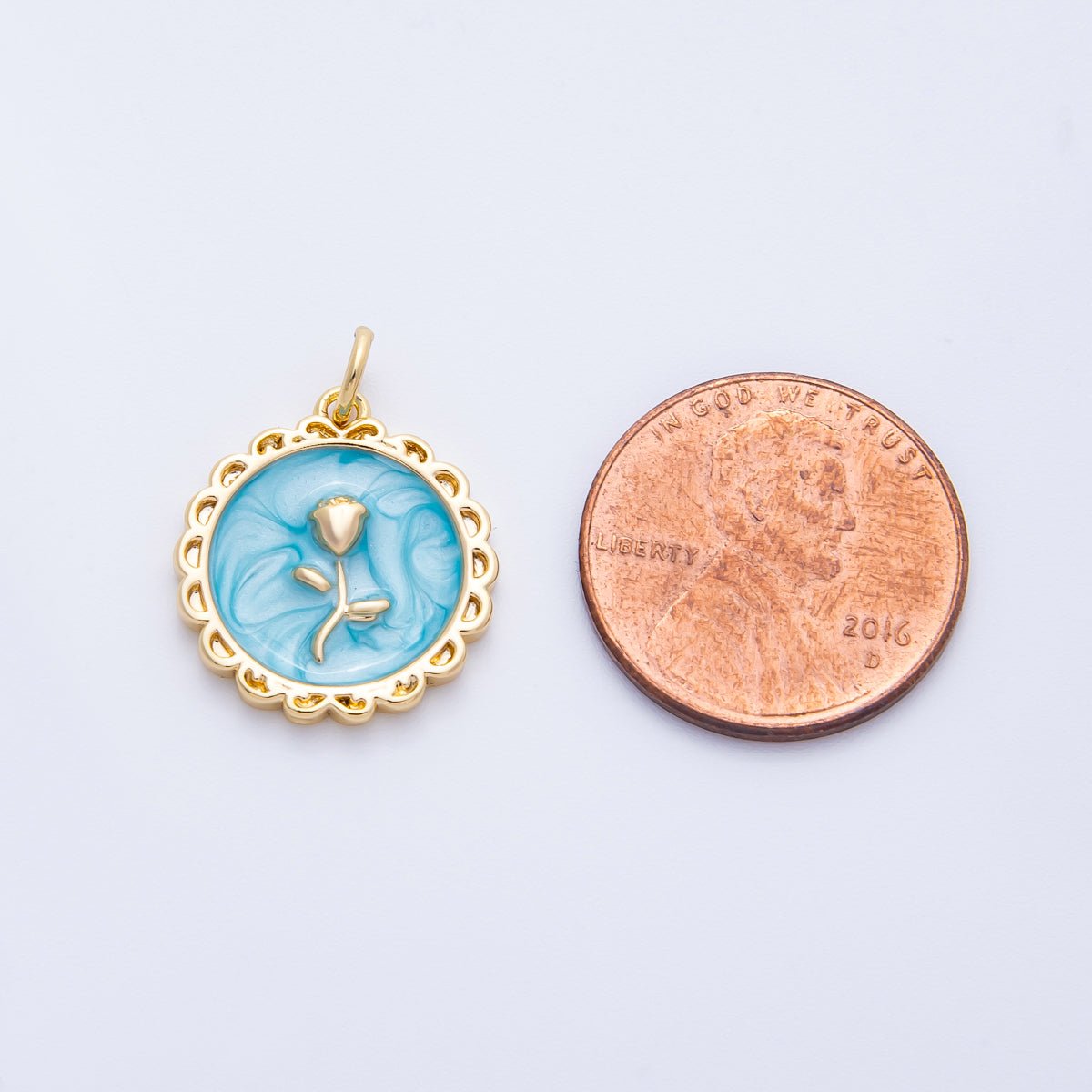 18K Gold Filled 17mm Blue, Pink, White Glitter Enamel Rose Flower Enamel Stamped Round Charm | CHARMS-00314 ~ CHARMS-00316