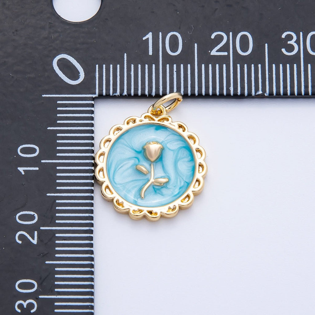 18K Gold Filled 17mm Blue, Pink, White Glitter Enamel Rose Flower Enamel Stamped Round Charm | CHARMS-00314 ~ CHARMS-00316